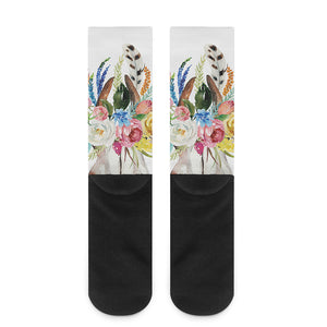 Boho Floral Deer Skull Print Crew Socks