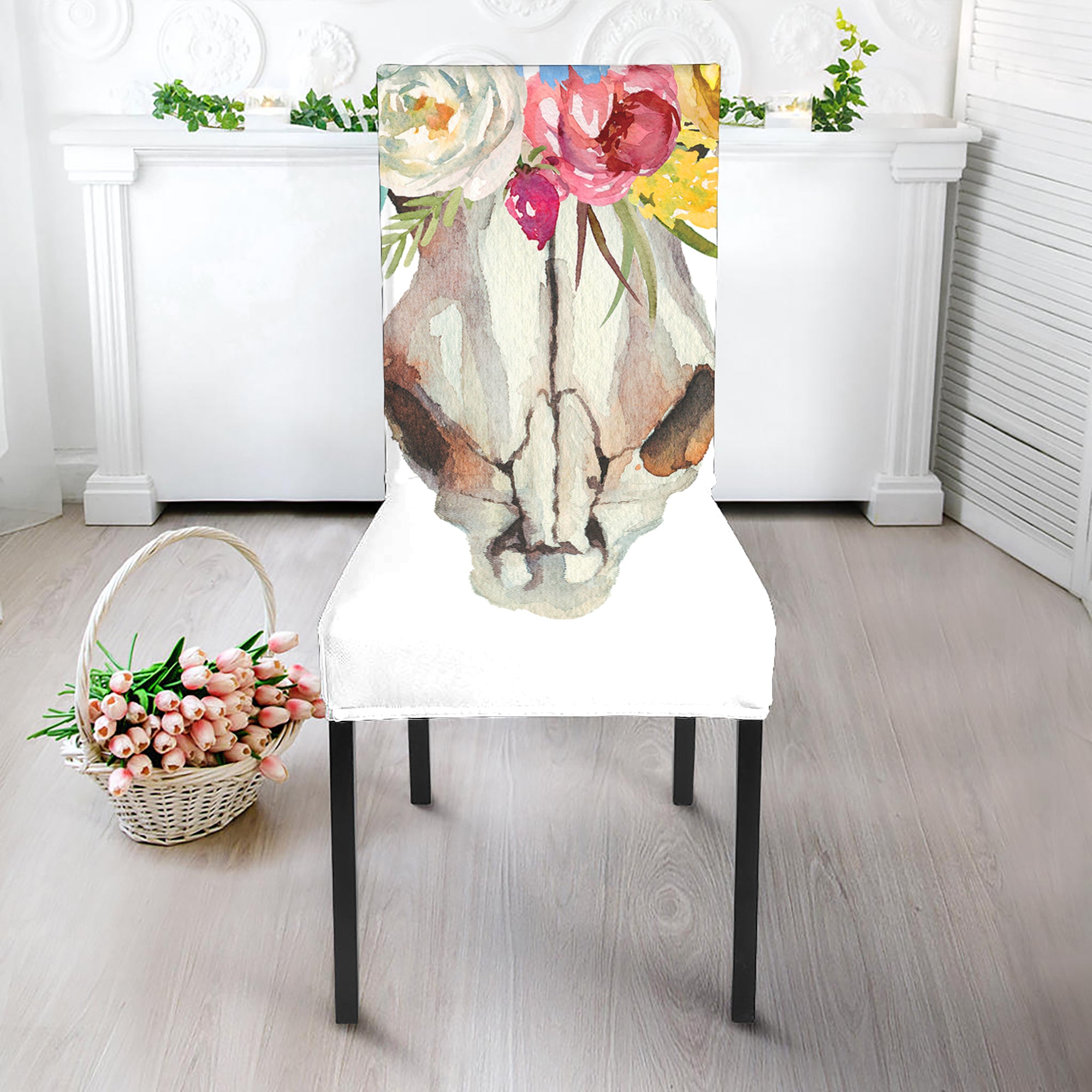 Boho Floral Deer Skull Print Dining Chair Slipcover