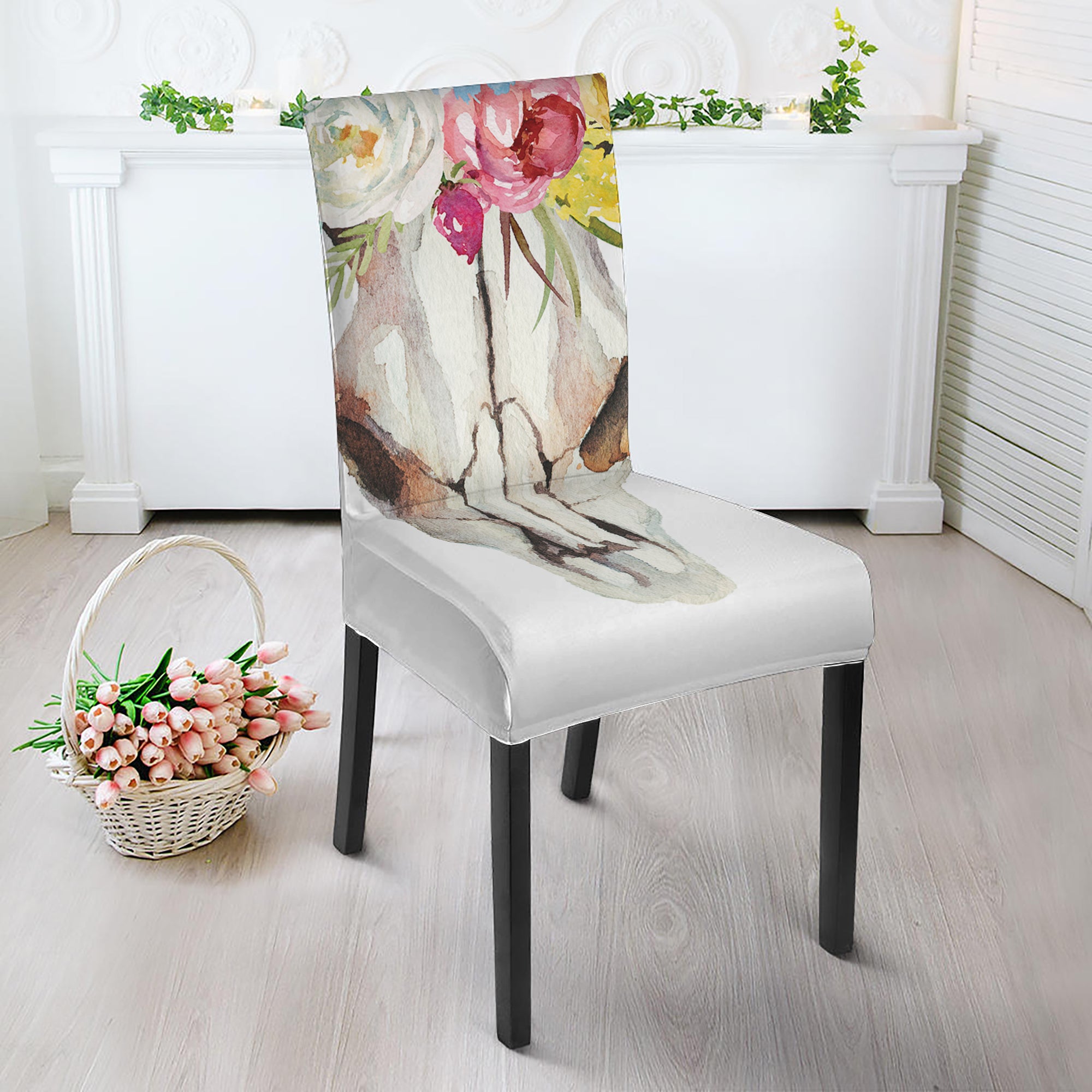 Boho Floral Deer Skull Print Dining Chair Slipcover