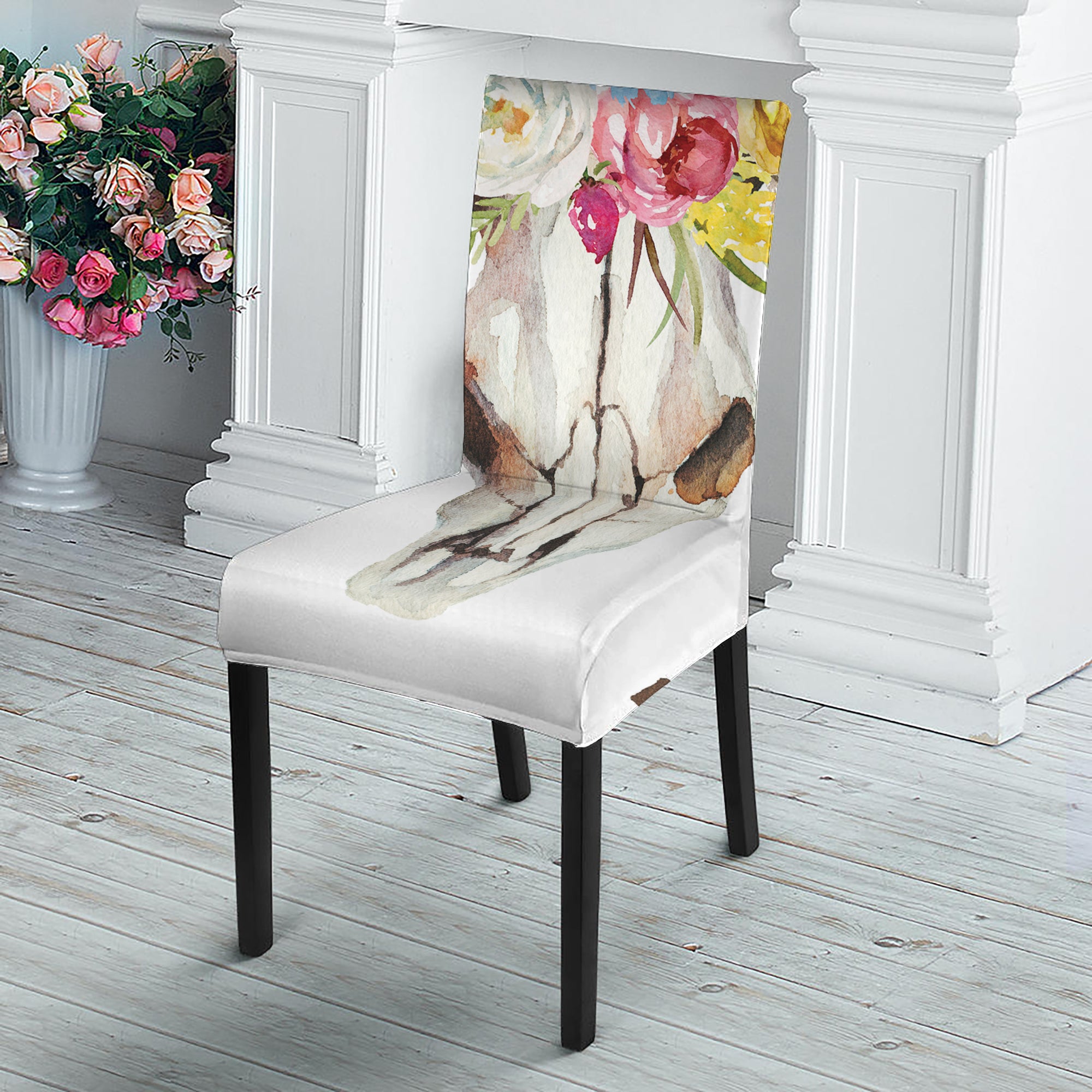 Boho Floral Deer Skull Print Dining Chair Slipcover