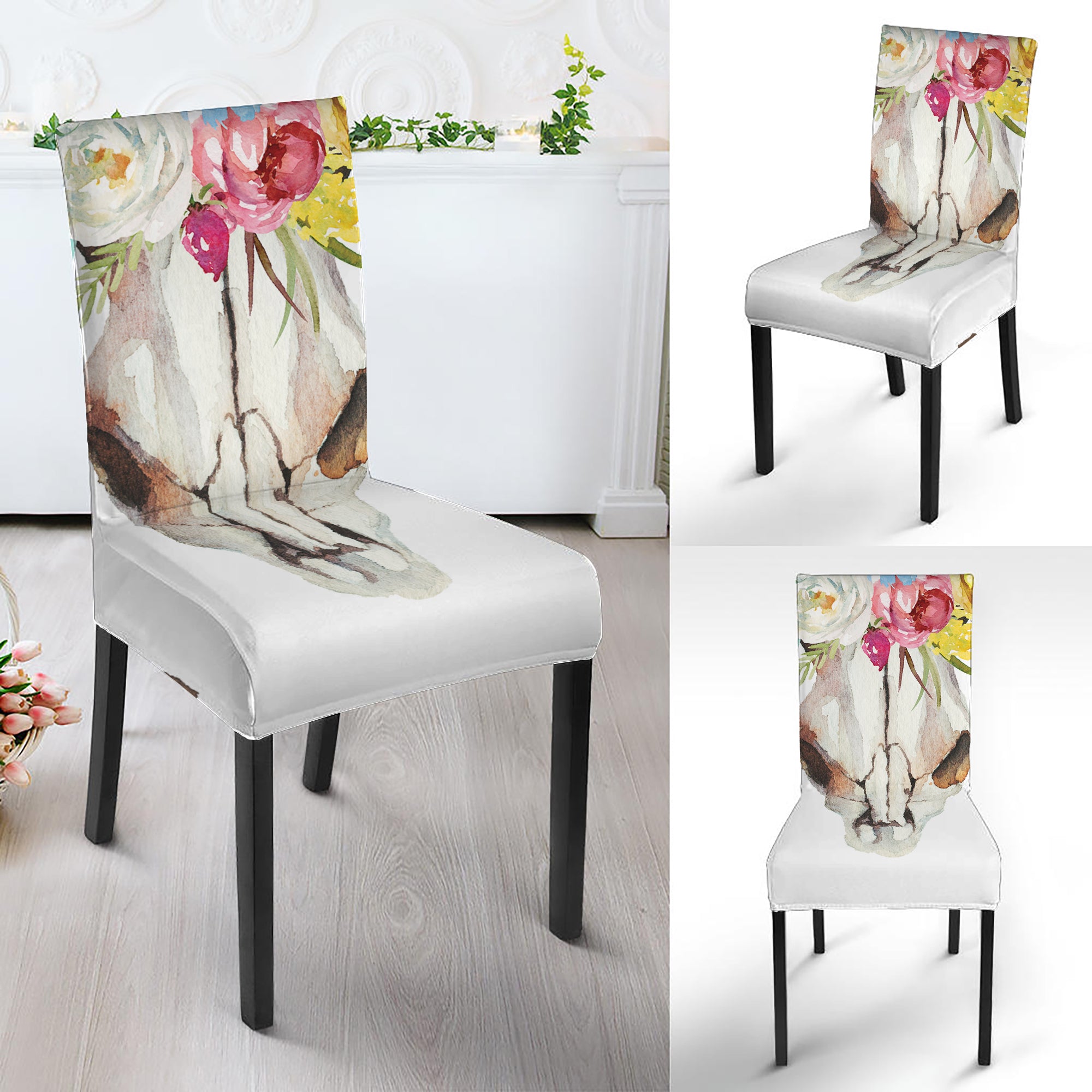 Boho Floral Deer Skull Print Dining Chair Slipcover