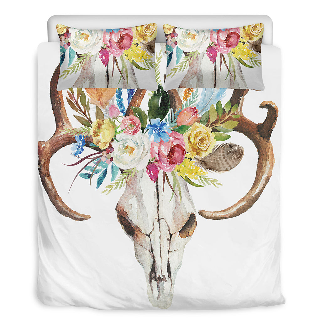 Boho Floral Deer Skull Print Duvet Cover Bedding Set