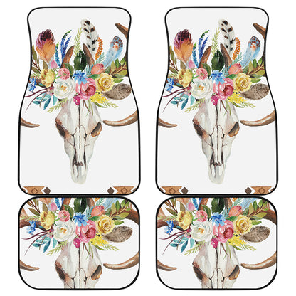 Boho Floral Deer Skull Print Front and Back Car Floor Mats