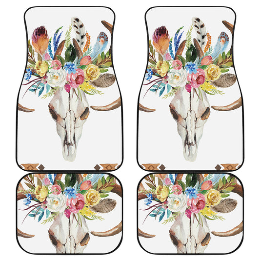 Boho Floral Deer Skull Print Front and Back Car Floor Mats