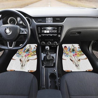 Boho Floral Deer Skull Print Front and Back Car Floor Mats