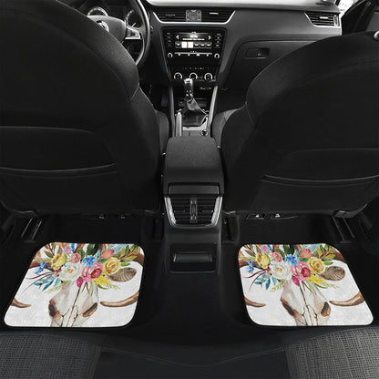Boho Floral Deer Skull Print Front and Back Car Floor Mats