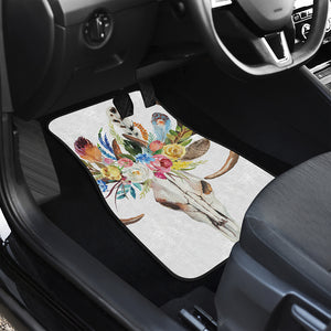 Boho Floral Deer Skull Print Front and Back Car Floor Mats