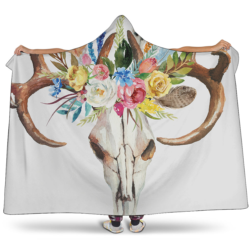 Boho Floral Deer Skull Print Hooded Blanket