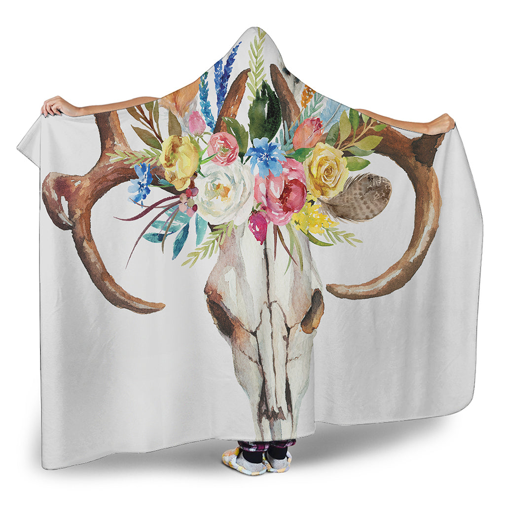 Boho Floral Deer Skull Print Hooded Blanket