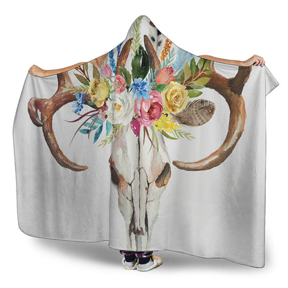 Boho Floral Deer Skull Print Hooded Blanket