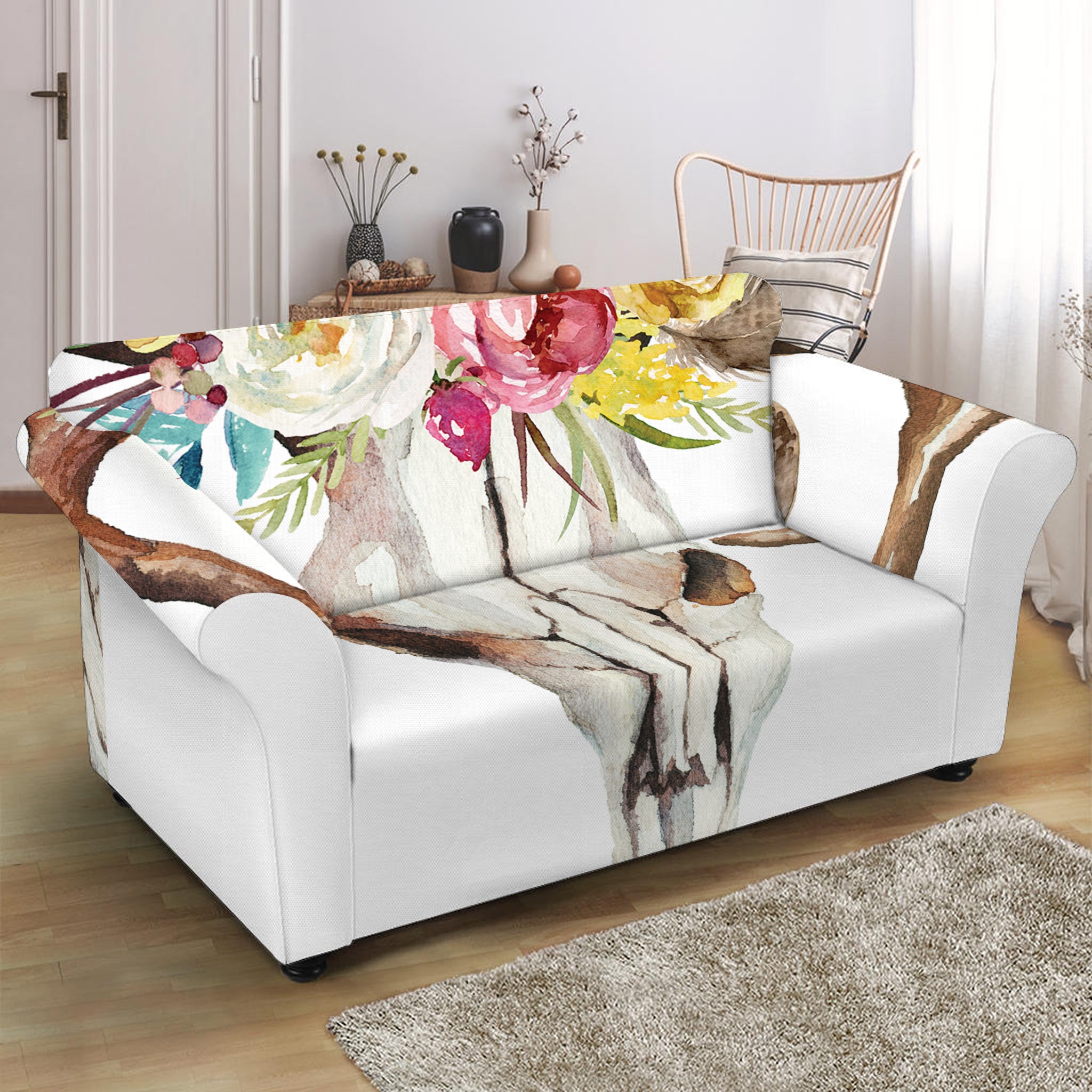 Boho Floral Deer Skull Print Loveseat Slipcover