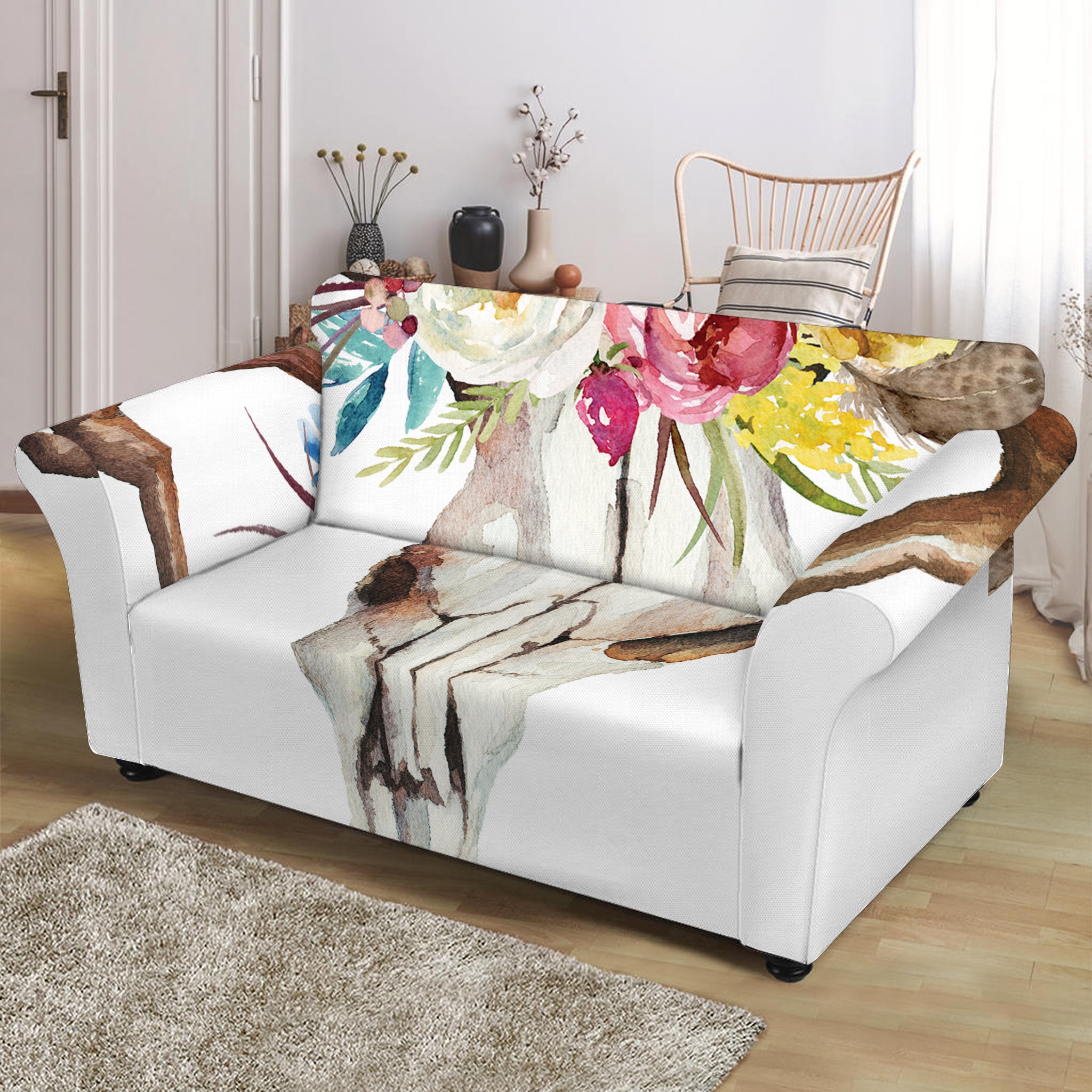 Boho Floral Deer Skull Print Loveseat Slipcover