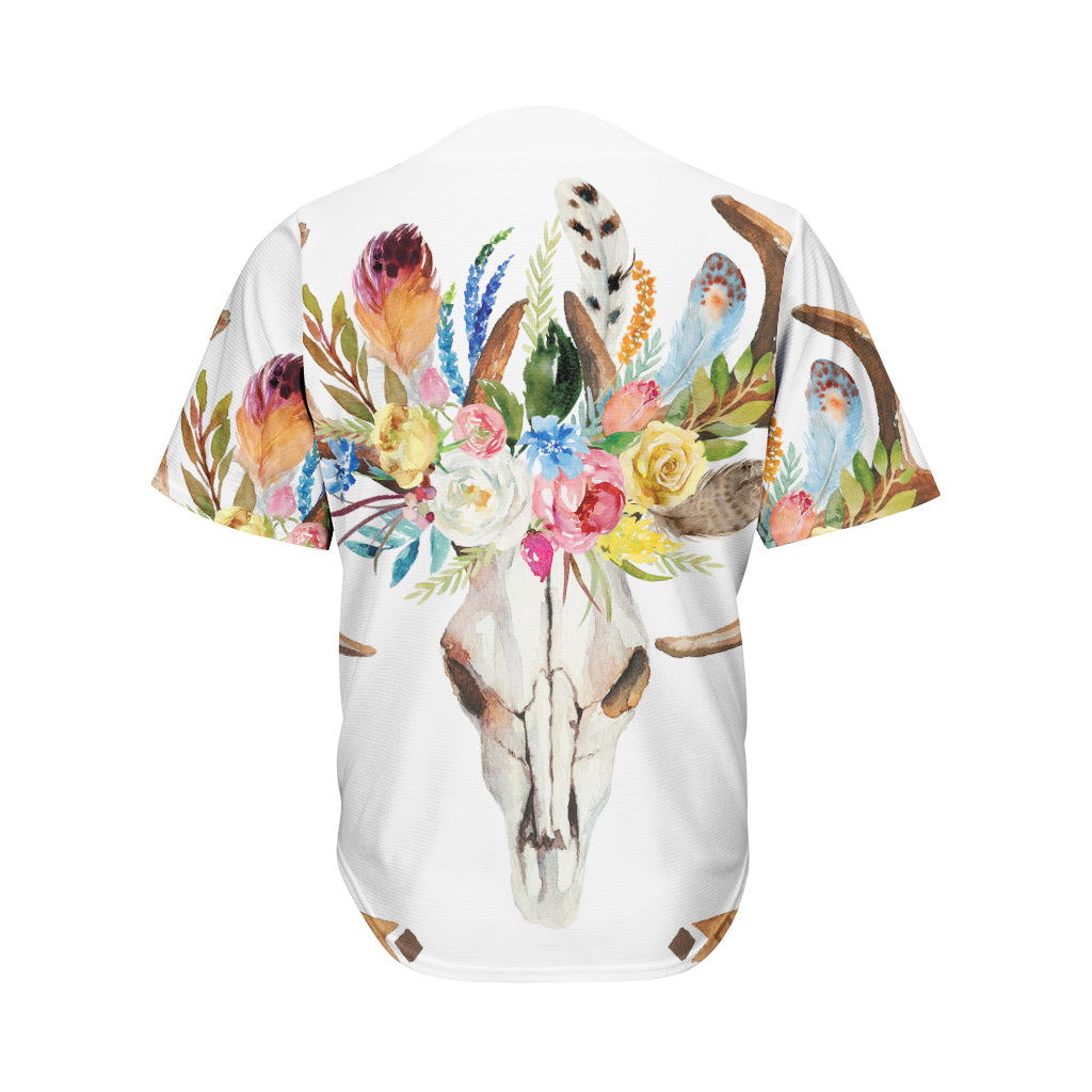 Boho Floral Deer Skull Print Men's Baseball Jersey