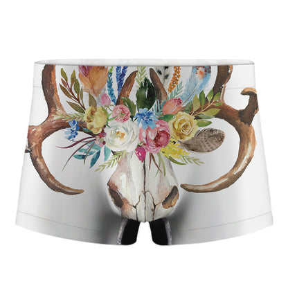 Boho Floral Deer Skull Print Men's Boxer Briefs