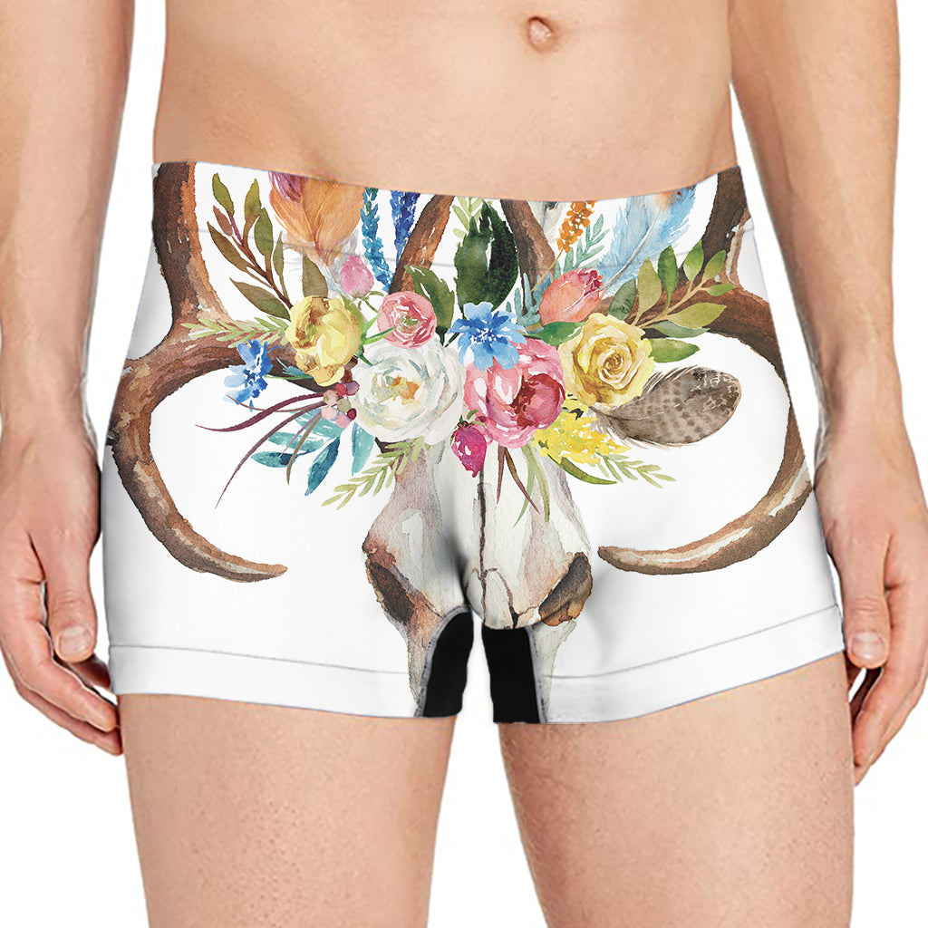 Boho Floral Deer Skull Print Men's Boxer Briefs