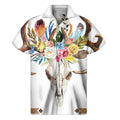 Boho Floral Deer Skull Print Men's Short Sleeve Shirt