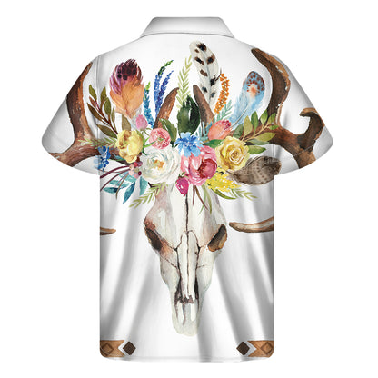 Boho Floral Deer Skull Print Men's Short Sleeve Shirt