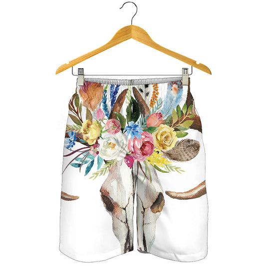 Boho Floral Deer Skull Print Men's Shorts