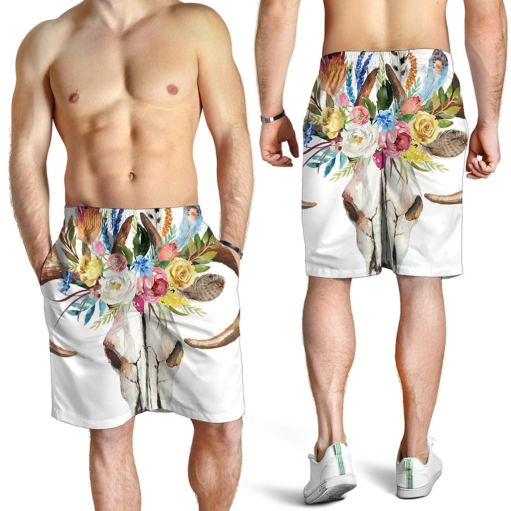 Boho Floral Deer Skull Print Men's Shorts