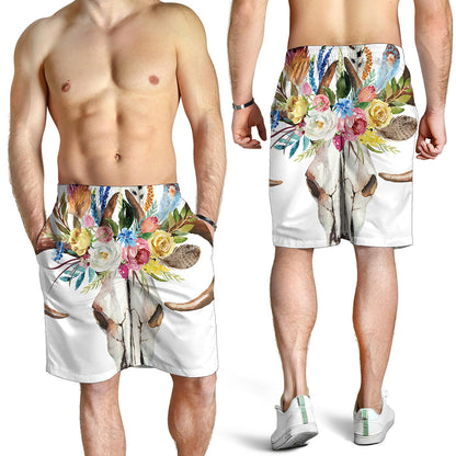 Boho Floral Deer Skull Print Men's Shorts