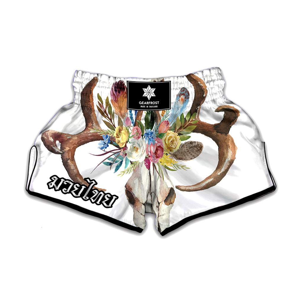 Boho Floral Deer Skull Print Muay Thai Boxing Shorts