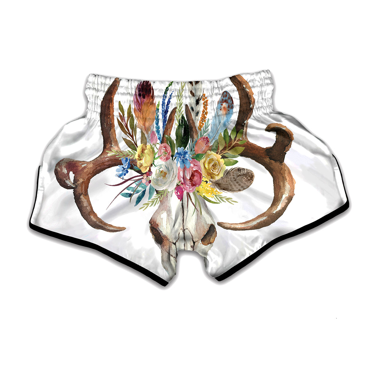 Boho Floral Deer Skull Print Muay Thai Boxing Shorts