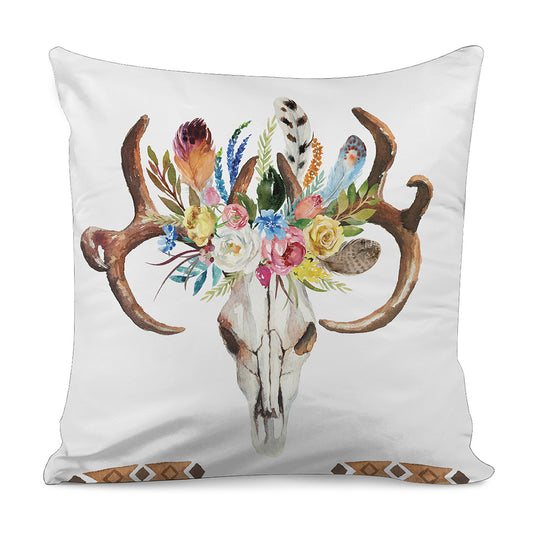 Boho Floral Deer Skull Print Pillow Cover