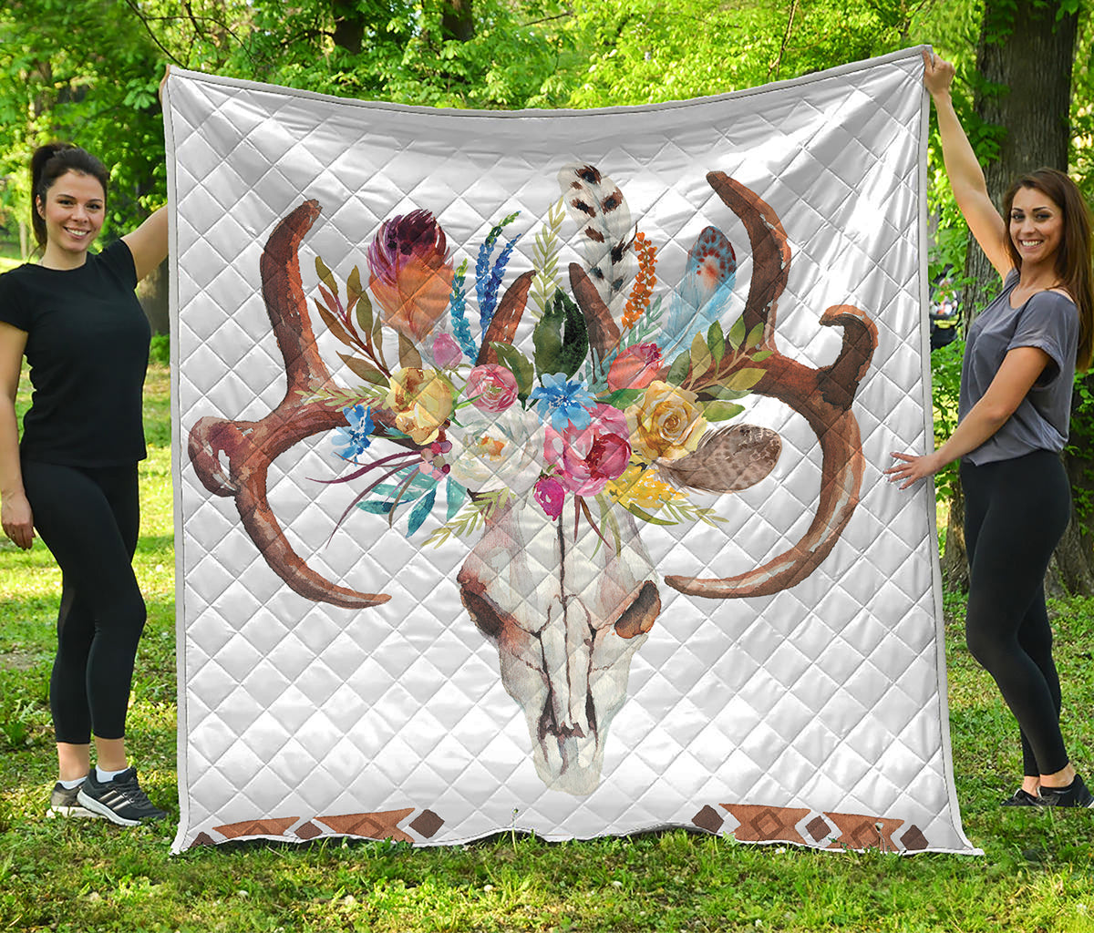 Boho Floral Deer Skull Print Quilt