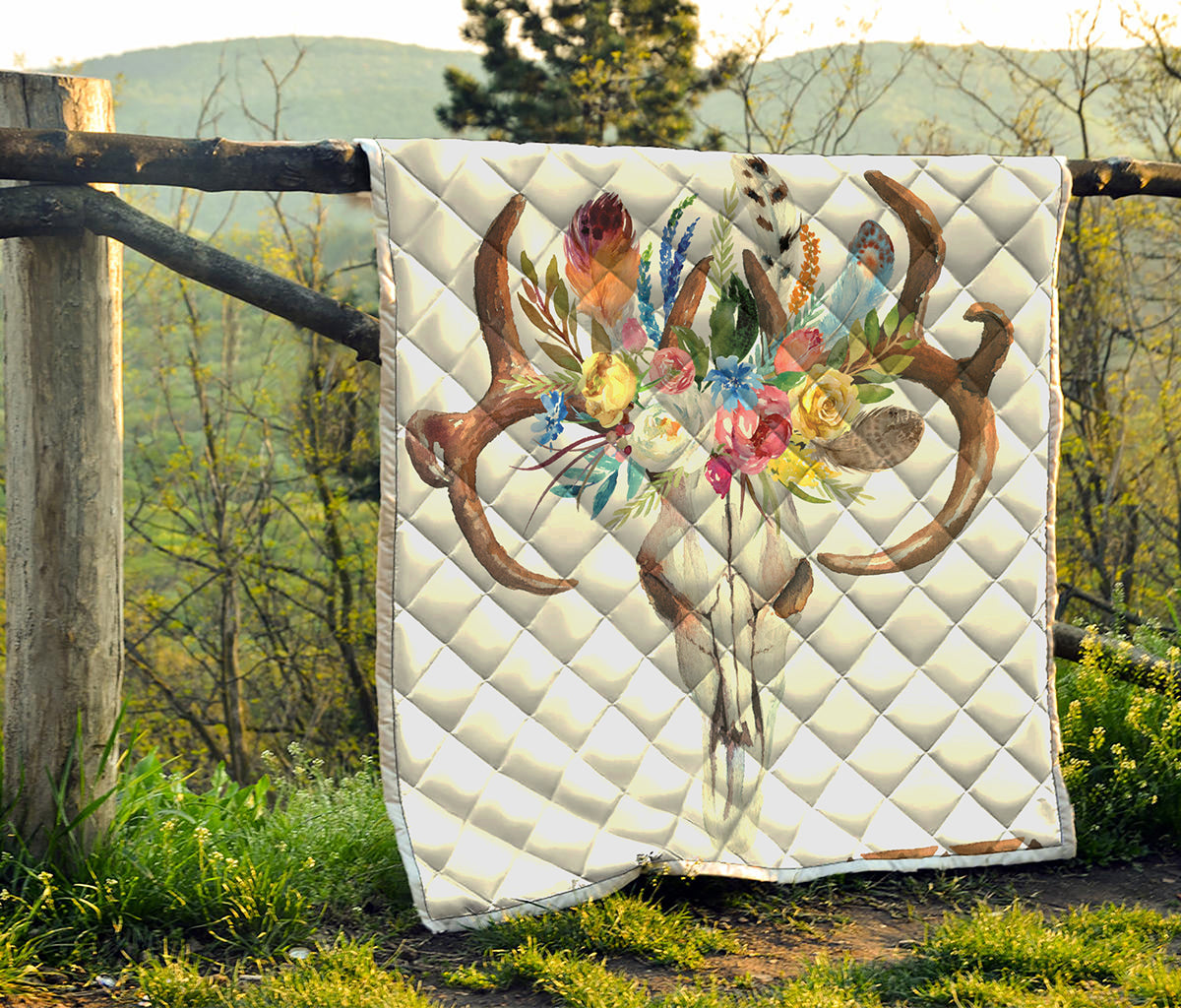 Boho Floral Deer Skull Print Quilt