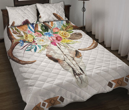Boho Floral Deer Skull Print Quilt Bed Set