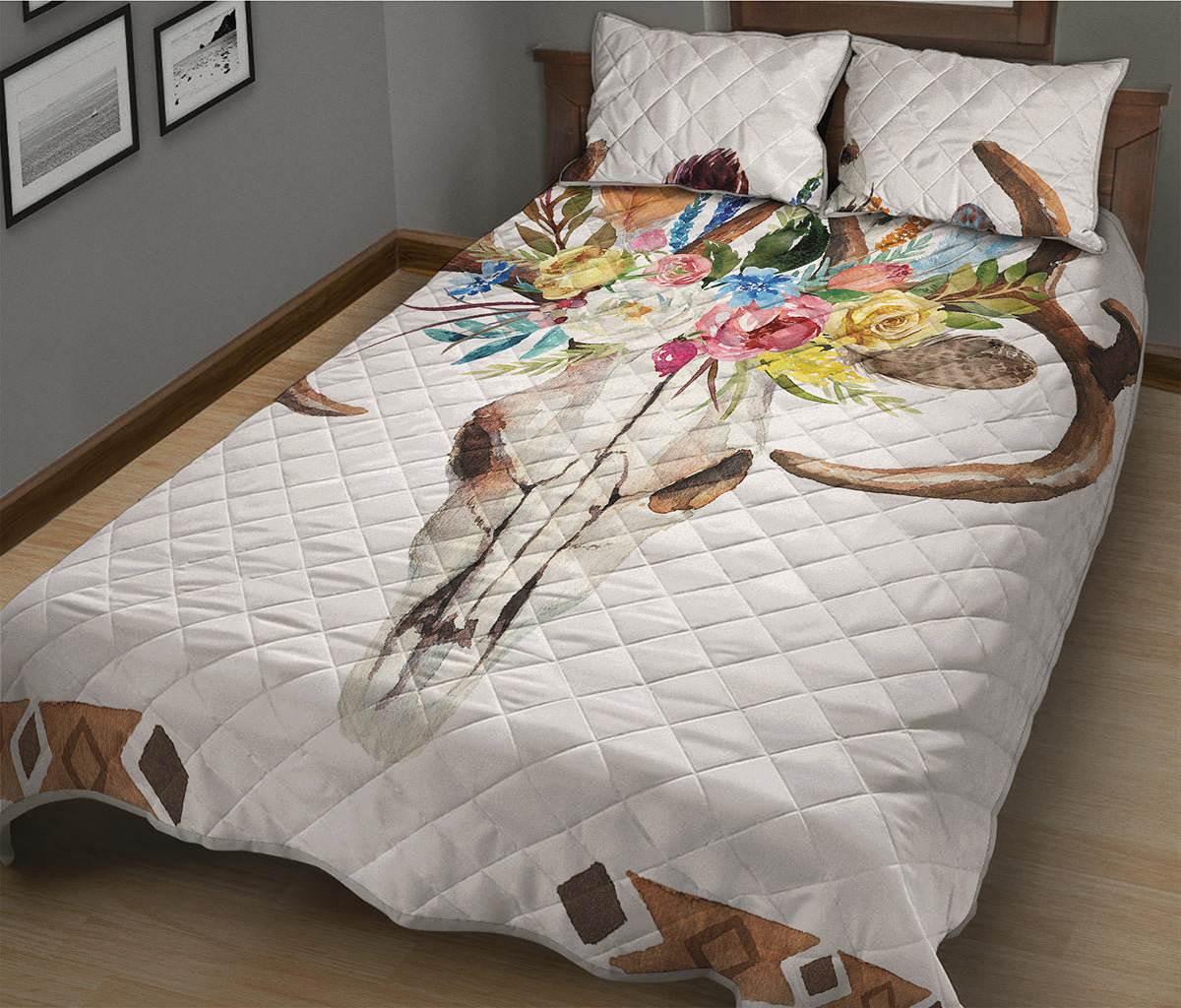 Boho Floral Deer Skull Print Quilt Bed Set