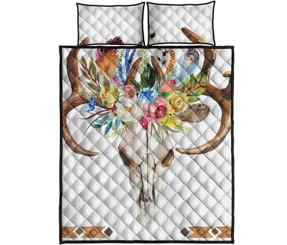 Boho Floral Deer Skull Print Quilt Bed Set