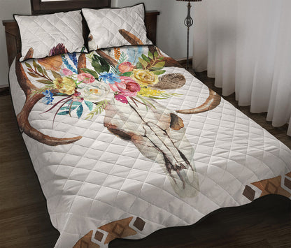 Boho Floral Deer Skull Print Quilt Bed Set