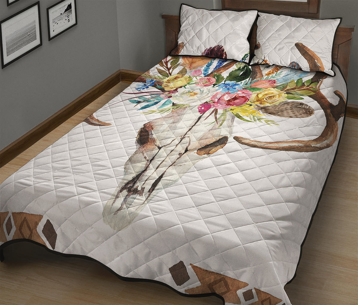 Boho Floral Deer Skull Print Quilt Bed Set