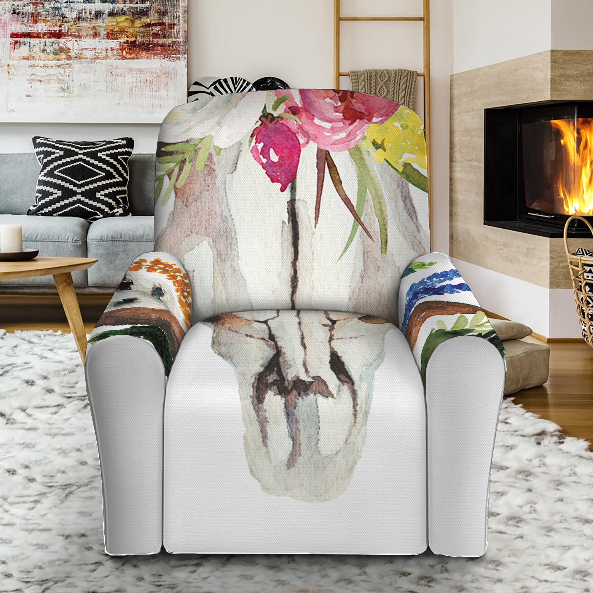 Boho Floral Deer Skull Print Recliner Slipcover