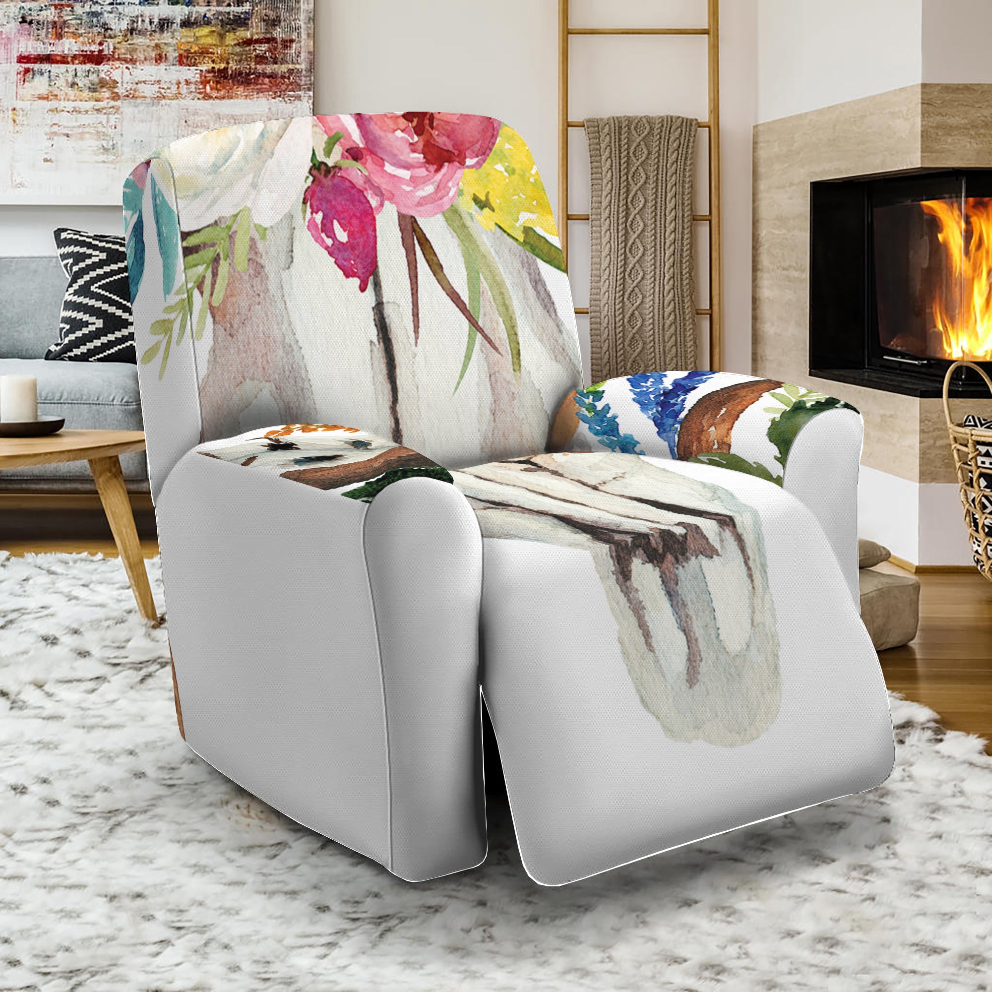 Boho Floral Deer Skull Print Recliner Slipcover