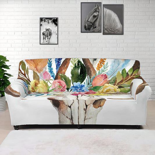 Boho Floral Deer Skull Print Sofa Cover