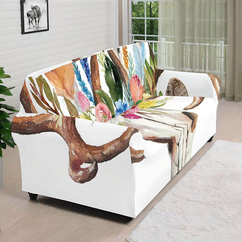 Boho Floral Deer Skull Print Sofa Cover