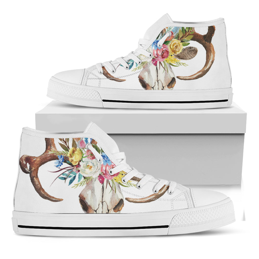Boho Floral Deer Skull Print White High Top Shoes