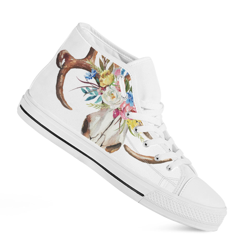 Boho Floral Deer Skull Print White High Top Shoes
