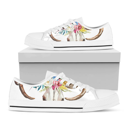 Boho Floral Deer Skull Print White Low Top Shoes