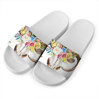 Boho Floral Deer Skull Print White Slide Sandals