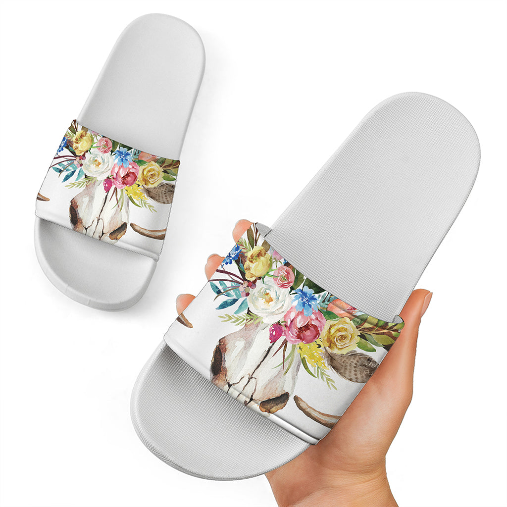 Boho Floral Deer Skull Print White Slide Sandals