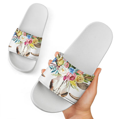 Boho Floral Deer Skull Print White Slide Sandals