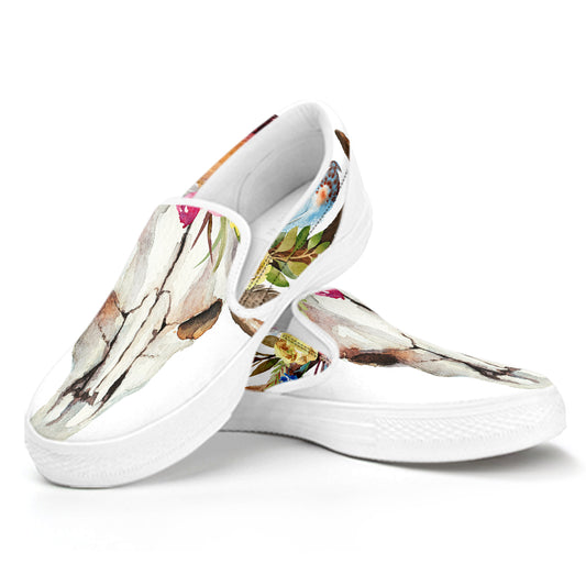 Boho Floral Deer Skull Print White Slip On Shoes