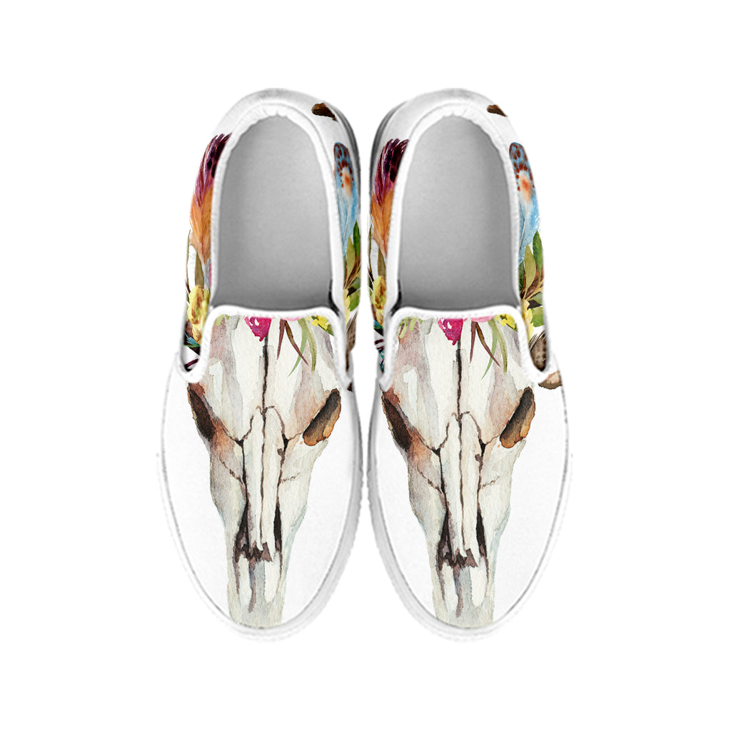 Boho Floral Deer Skull Print White Slip On Shoes