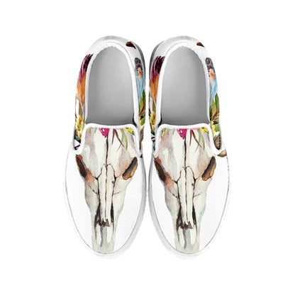 Boho Floral Deer Skull Print White Slip On Shoes