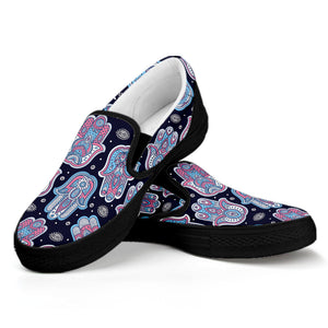 Boho Hamsa Pattern Print Black Slip On Shoes