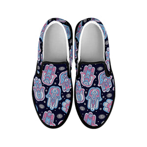 Boho Hamsa Pattern Print Black Slip On Shoes