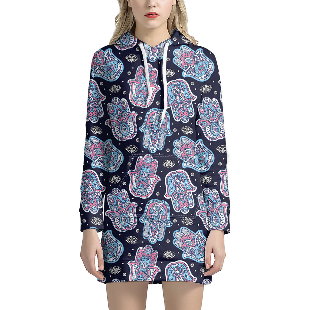 Boho Hamsa Pattern Print Hoodie Dress